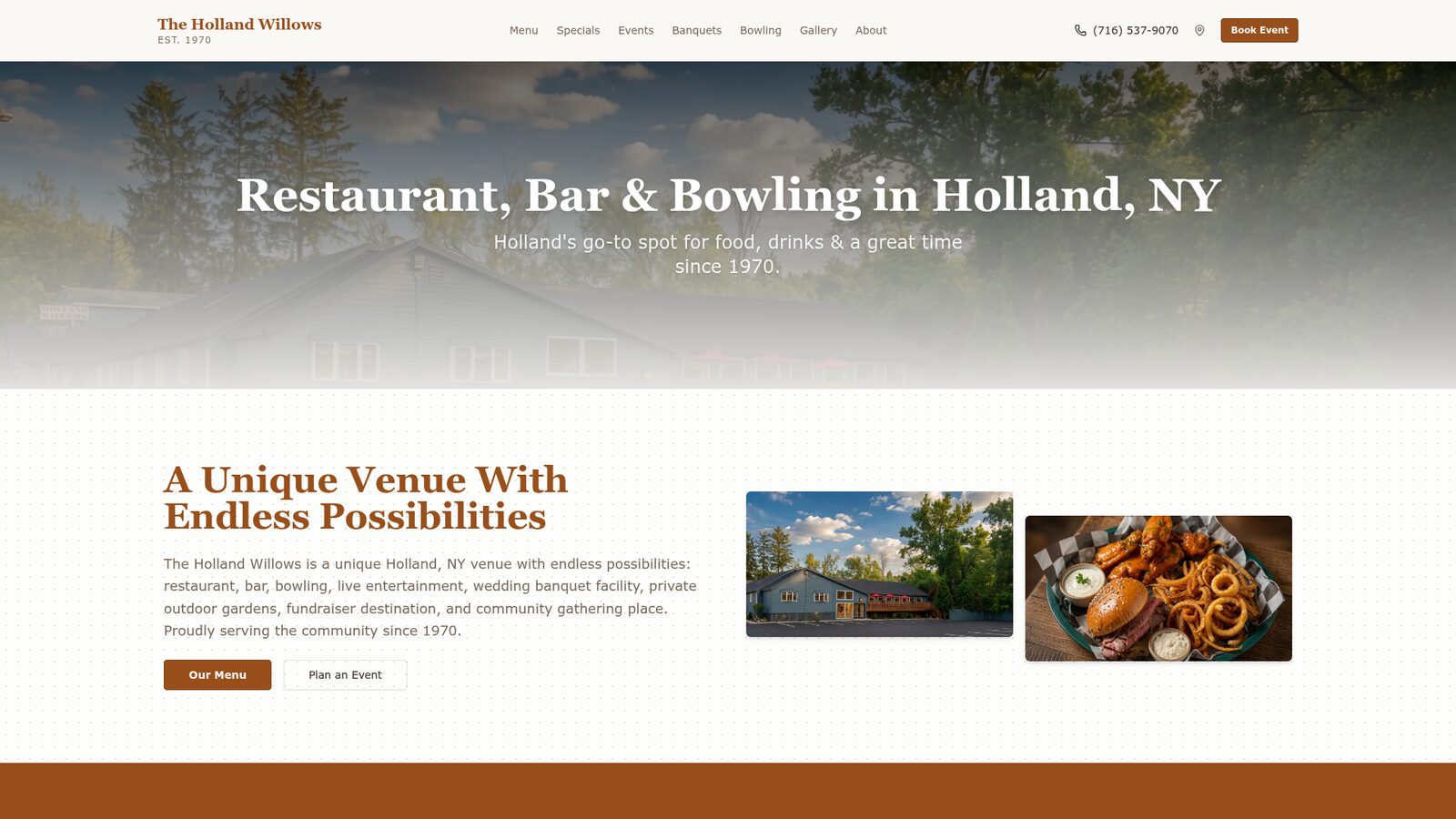 Homepage screenshot of The Holland Willows, a restaurant and event venue website designed and developed by Buffalo Digital Advertising